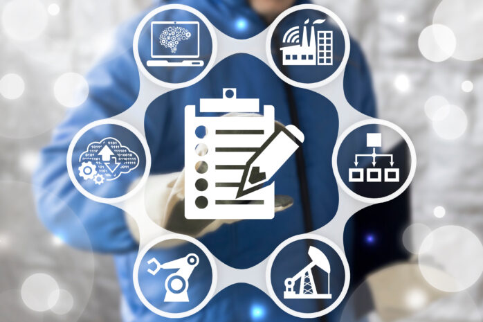 Central checklist surrounded by circles containing images related to IT infrastructure components