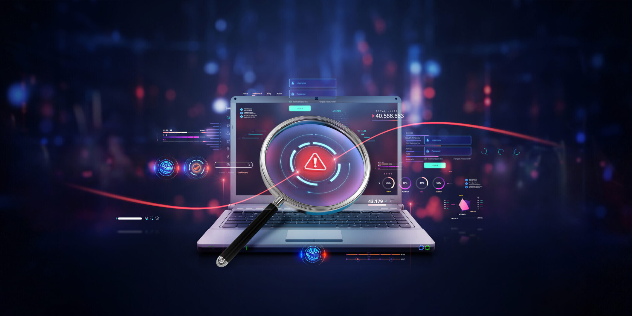 infographic charts analysis of corporate laptop antivirus or phishing malware attach detection and cleanup software or finding and searching database files on screen with magnifier lens as wide banner