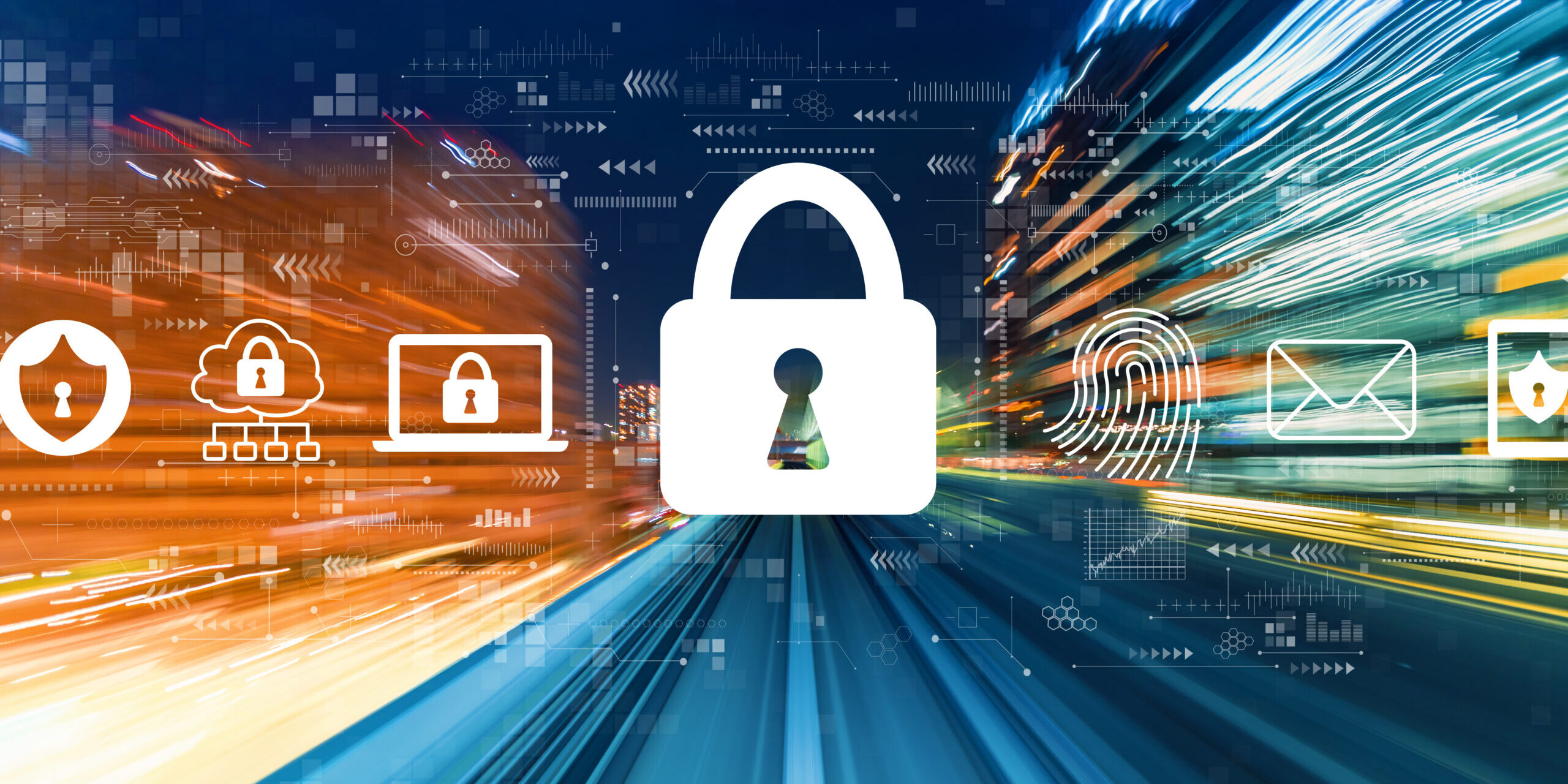 Cybersecurity Training for SMBs Cybersecurity symbols overlayed on a dynamic cityscape background.