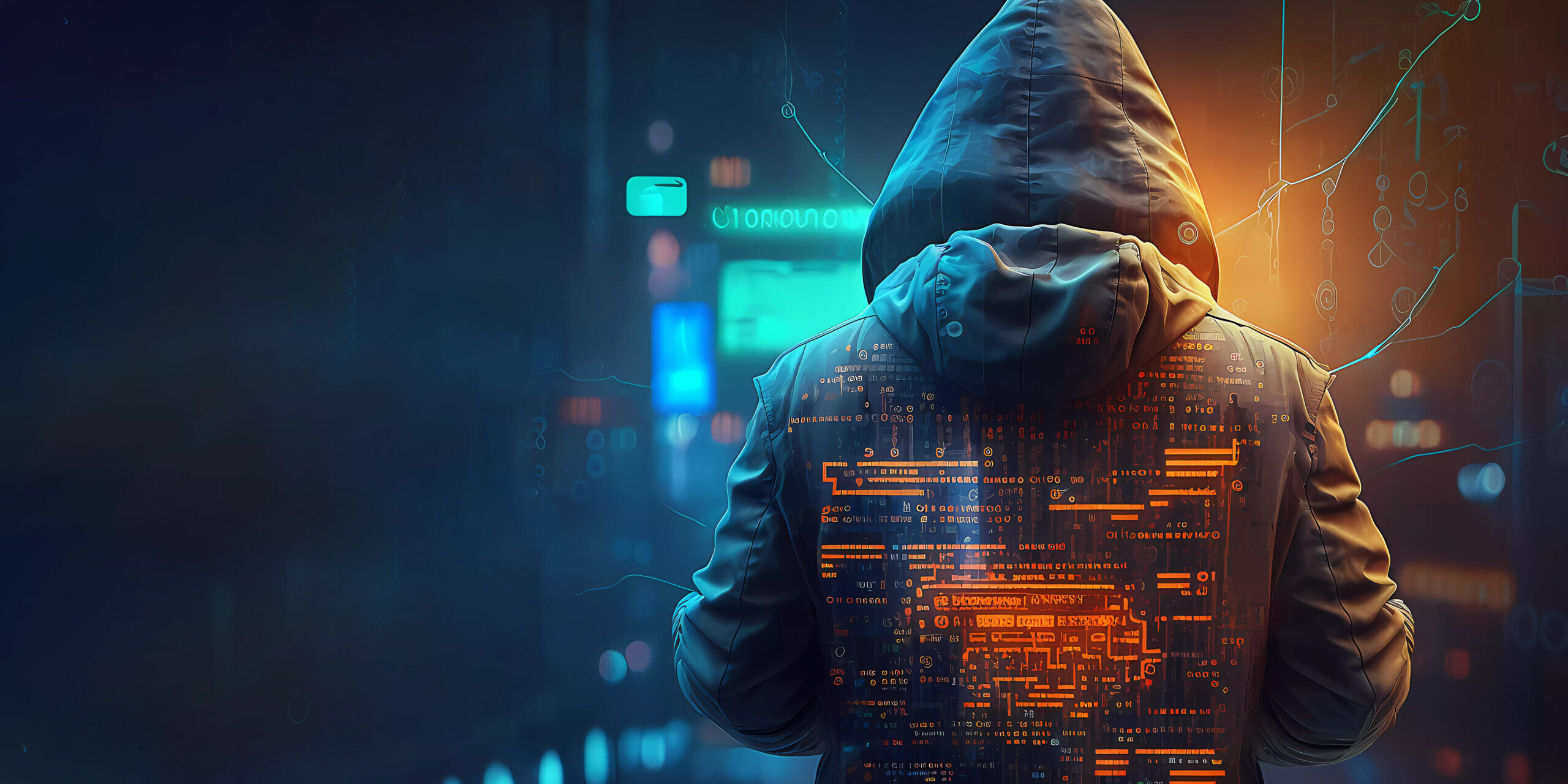 A hooded figure surrounded by digital codes, representing a cybercriminal in a dark, abstract digital environment.