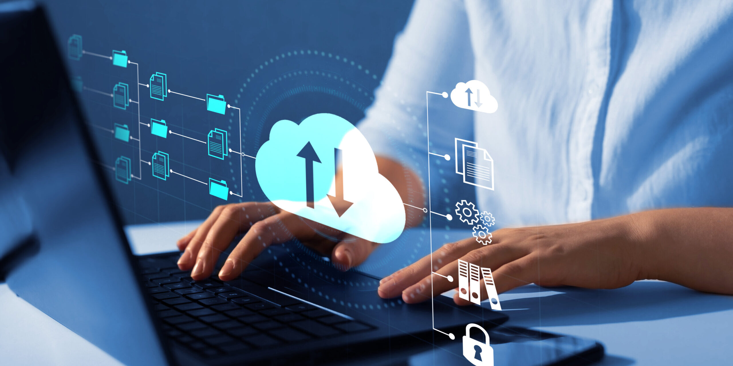 A person working on a laptop with digital icons representing cloud computing, file sharing, and data security superimposed over the image.