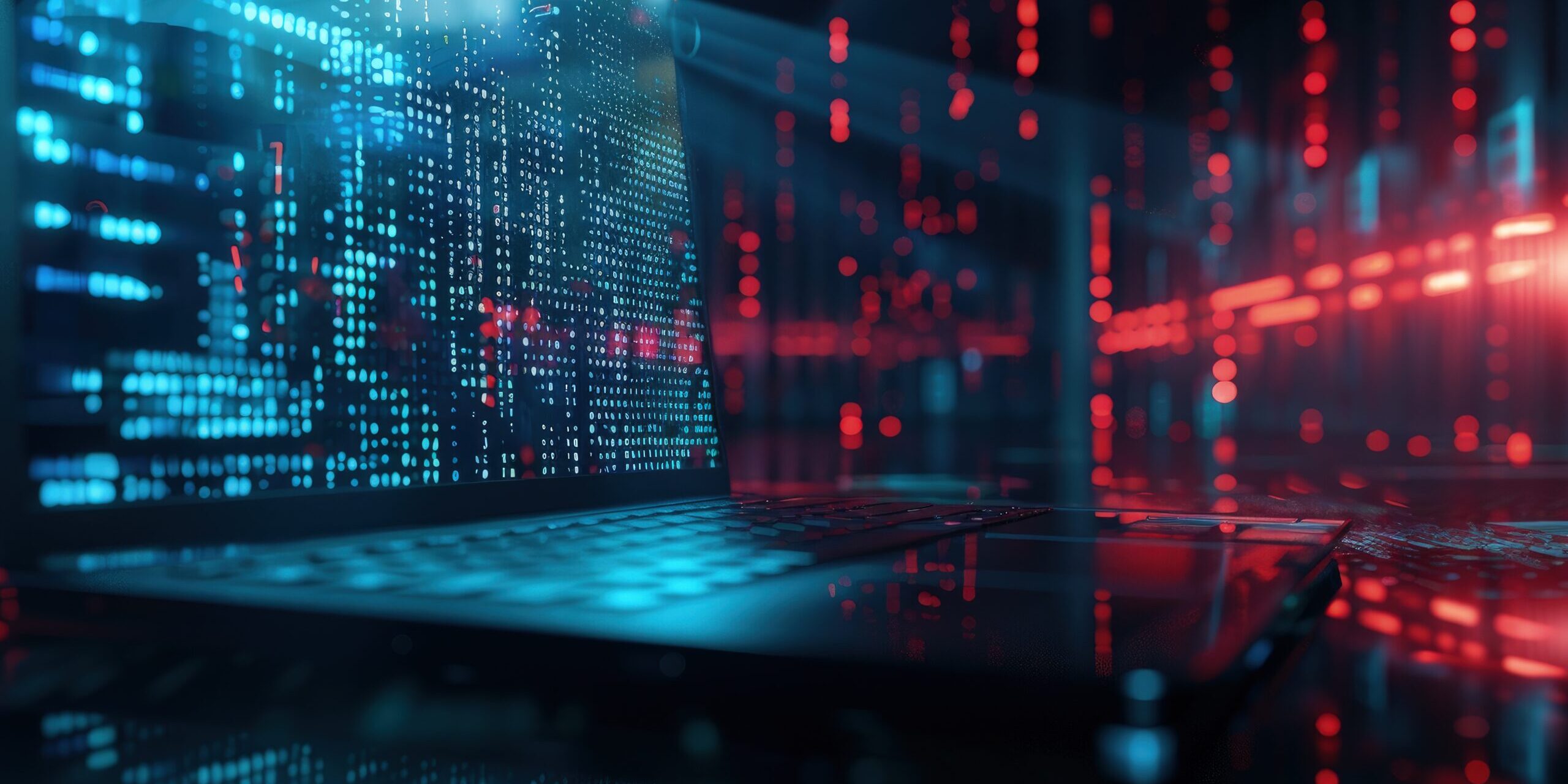 Protecting SMBs from Cyber Threats with Cyber Insurance A laptop with a digital code overlay, representing cybersecurity defenses against cyber threats such as data breaches and ransomware attacks.