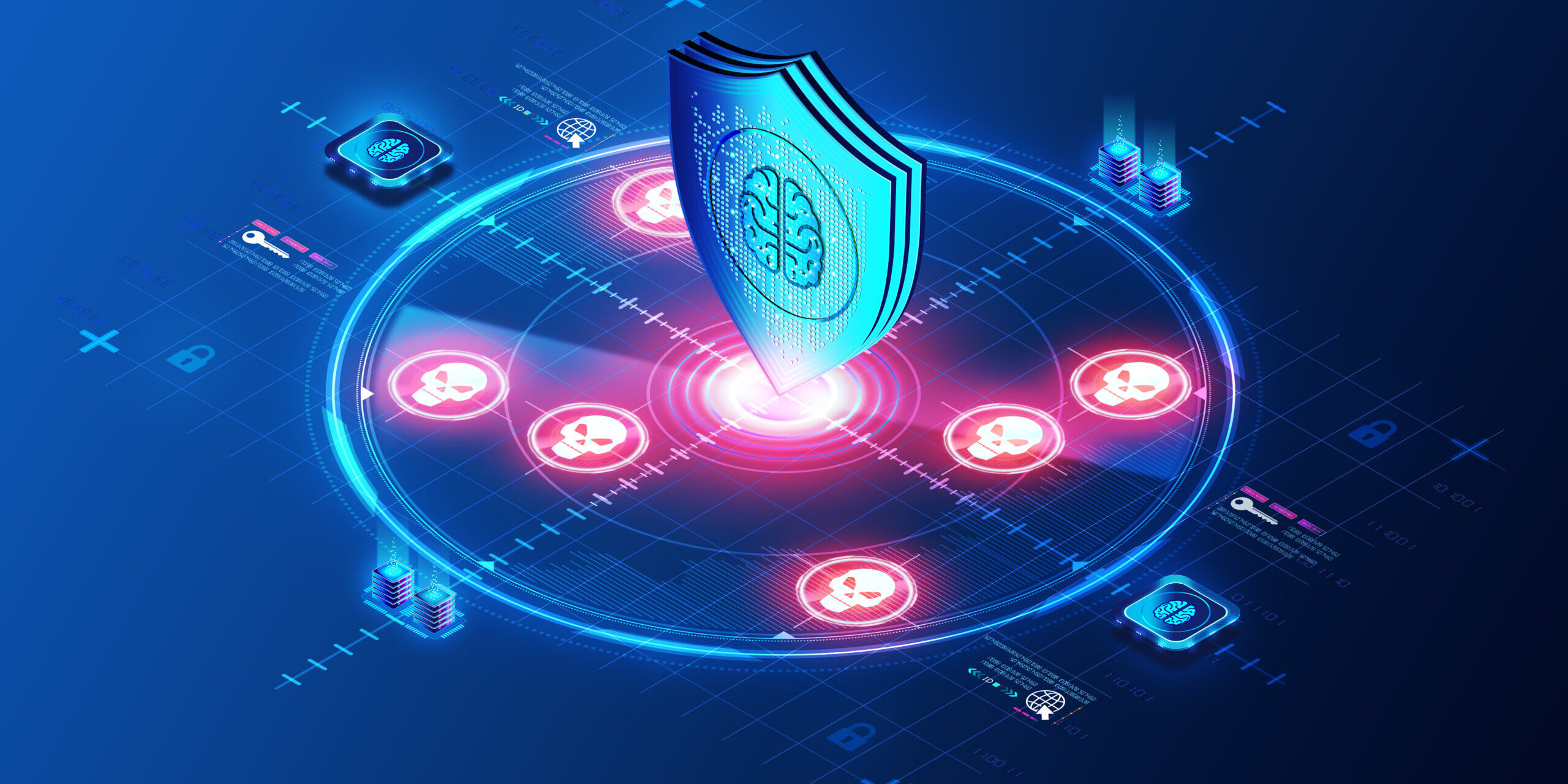 Visualizing Extended Detection and Response (XDR) in Action A futuristic shield representing XDR security, surrounded by icons symbolizing threats and connected security tools on a digital blue grid