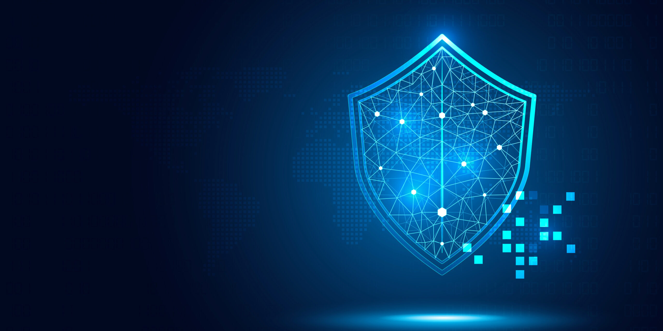 Digital shield symbol representing cybersecurity protection with a network of connected dots, glowing against a dark blue background.