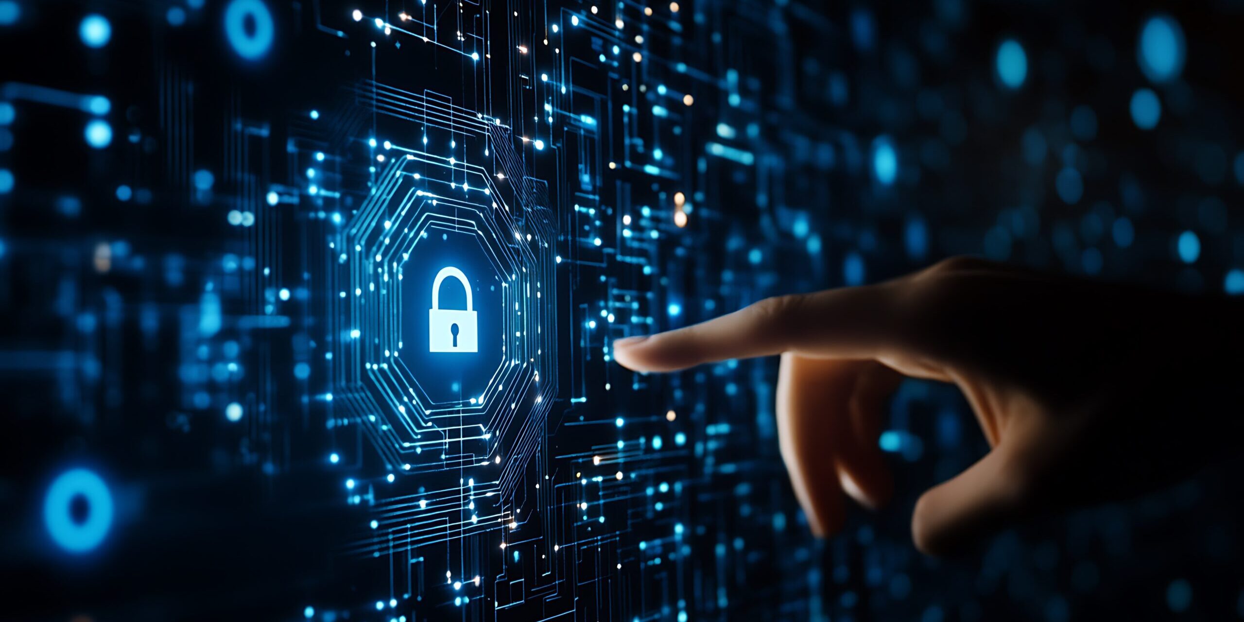 A digital representation of cybersecurity featuring a glowing lock icon within a circuit board design. A human finger is reaching towards the lock, symbolizing managed IT services protecting businesses from cyber threats.