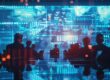 IT professionals reviewing security documentation in a digital operations center, highlighting compliance and cybersecurity measures.
