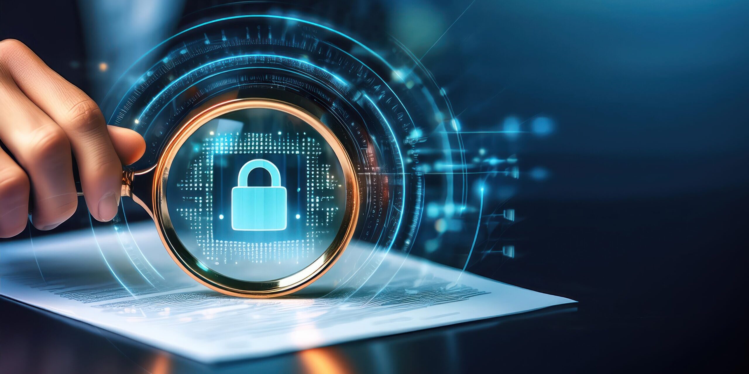 Cybersecurity Audit Concept with Digital Lock and Magnifying Glass A person examining a document with a magnifying glass that reveals a digital padlock symbol, representing cybersecurity and data protection.
