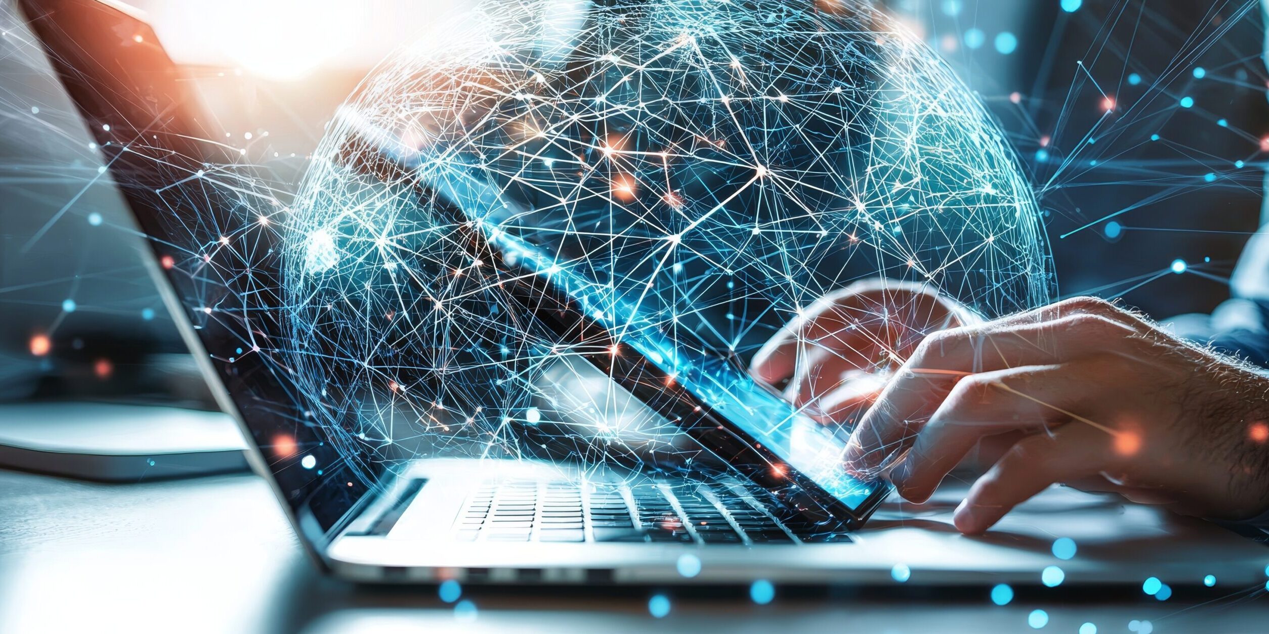 Person typing on a laptop with a digital globe and connected network nodes representing cybersecurity and cyber hygiene.