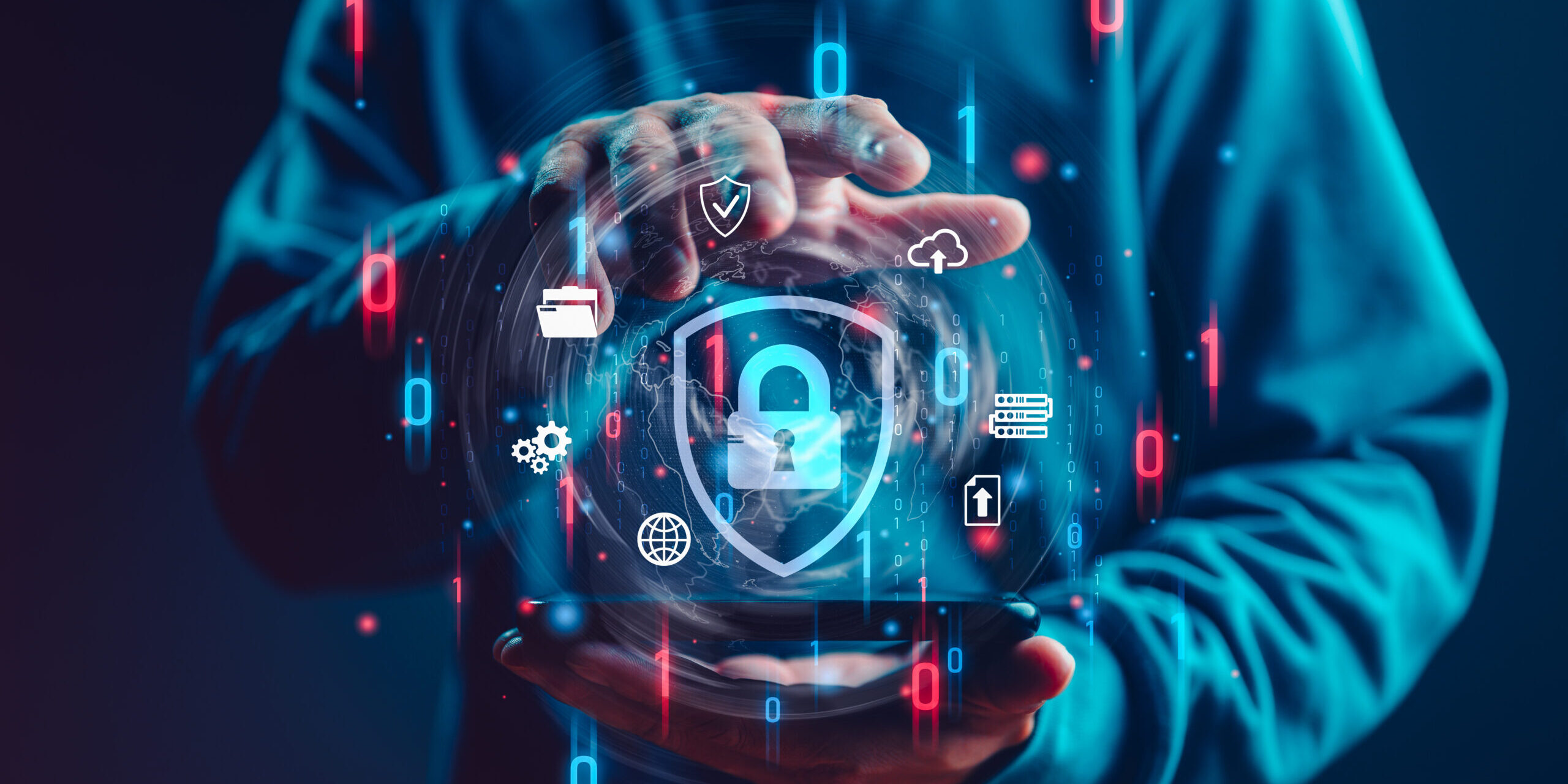 Firewall Security and Access Control in a Digital Environment Cybersecurity concept showing firewall protection and data access control with a digital lock icon surrounded by binary code.