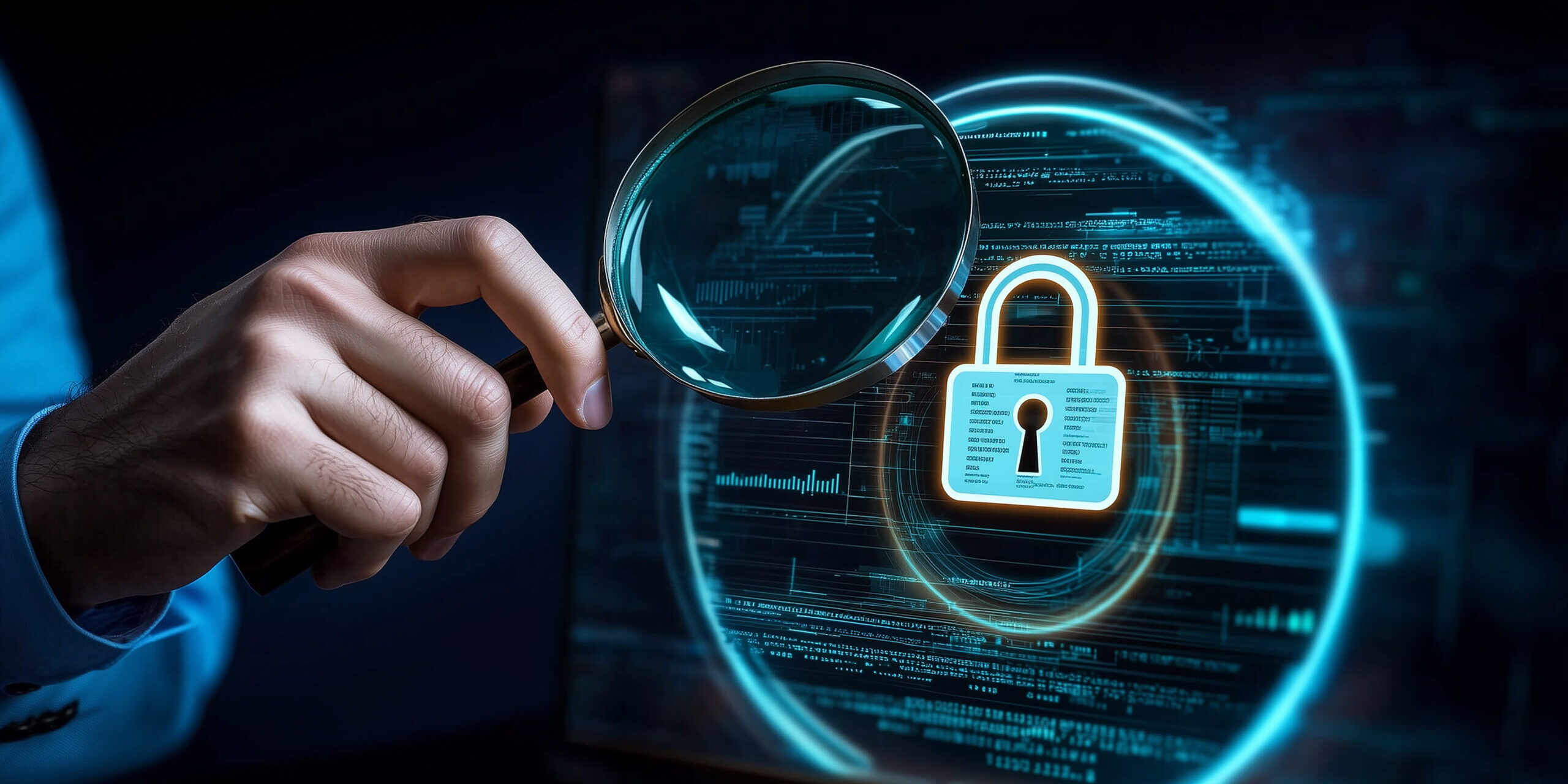 Cybersecurity Audit Inspection Concept Hand holding magnifying glass inspecting digital padlock icon on a screen, representing cybersecurity audit and data protection.