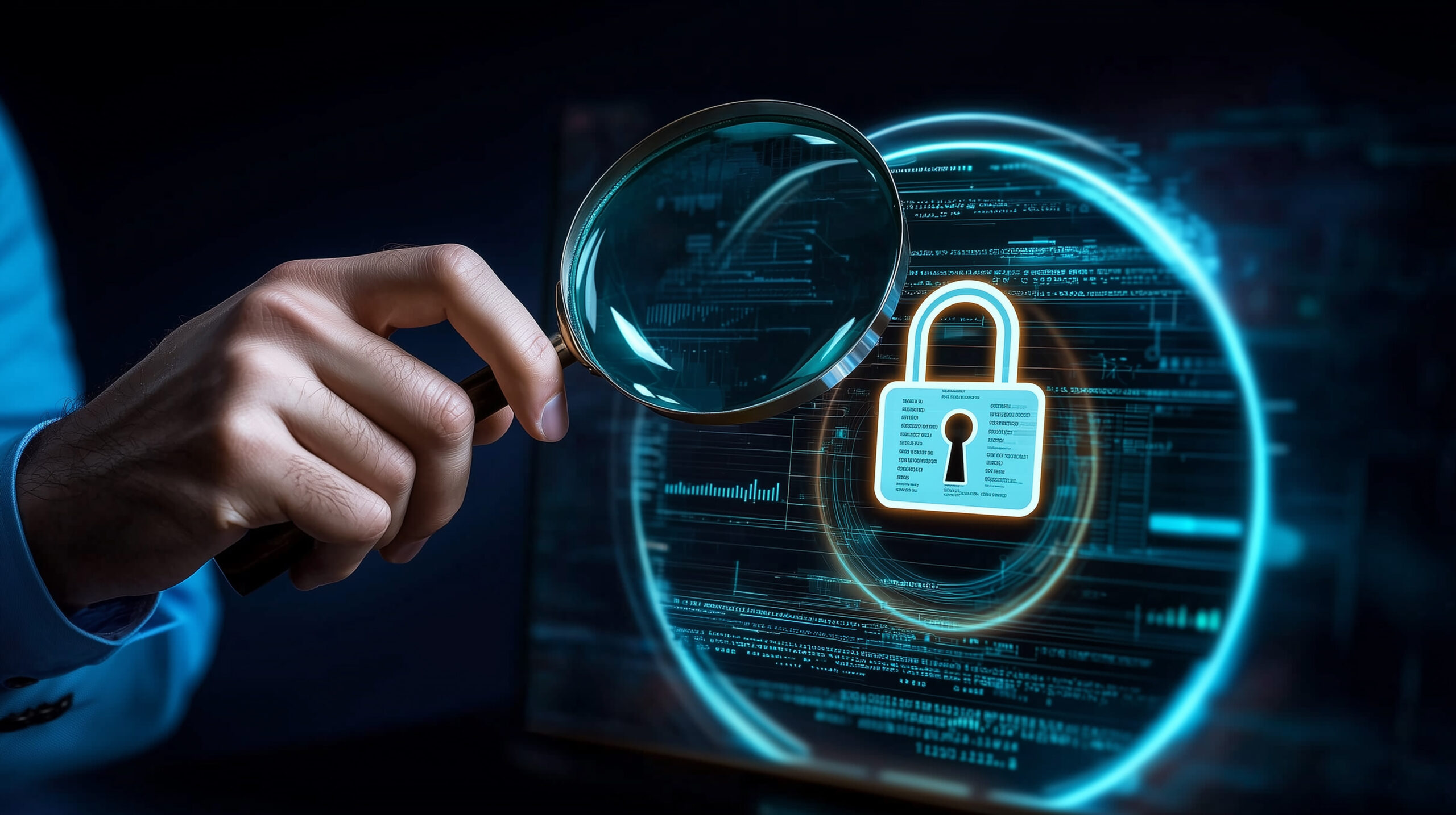Hand holding magnifying glass inspecting digital padlock icon on a screen, representing cybersecurity audit and data protection.