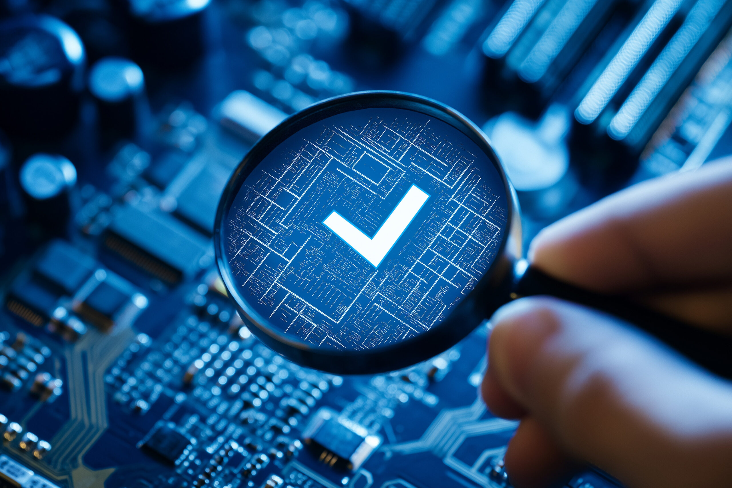 Close-up of a magnifying glass over a computer circuit board showing a digital checkmark, symbolizing system readiness for Windows 11 upgrade