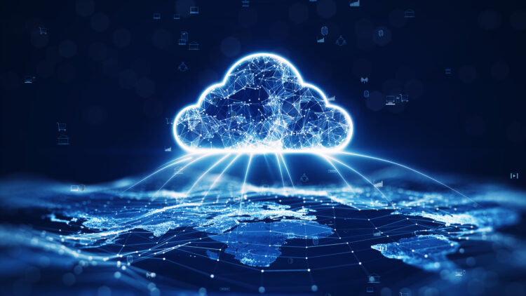 Glowing digital cloud representing cloud migration over a connected global network