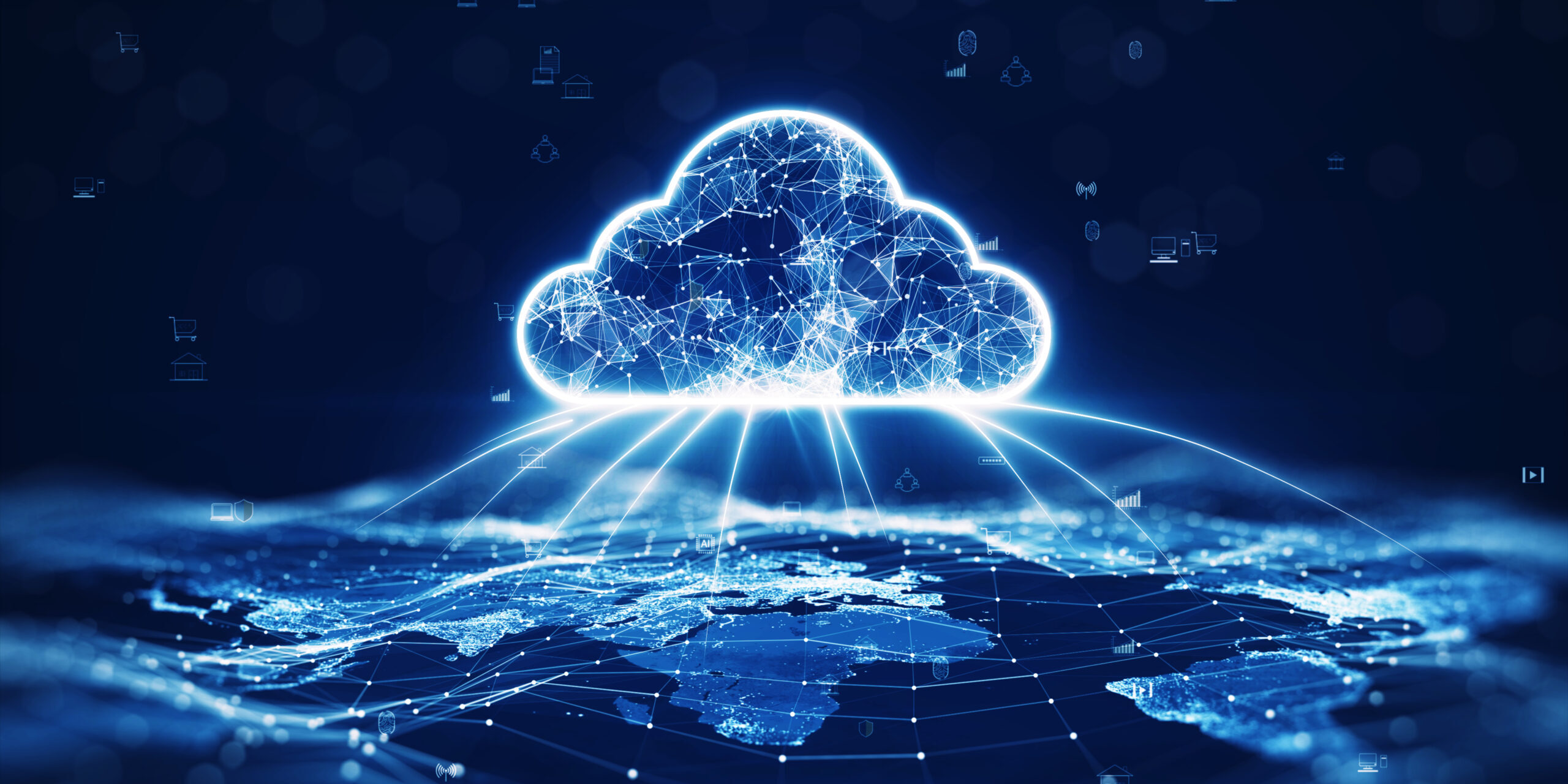 Cloud Migration Concept with Global Digital Connectivity Glowing digital cloud representing cloud migration over a connected global network