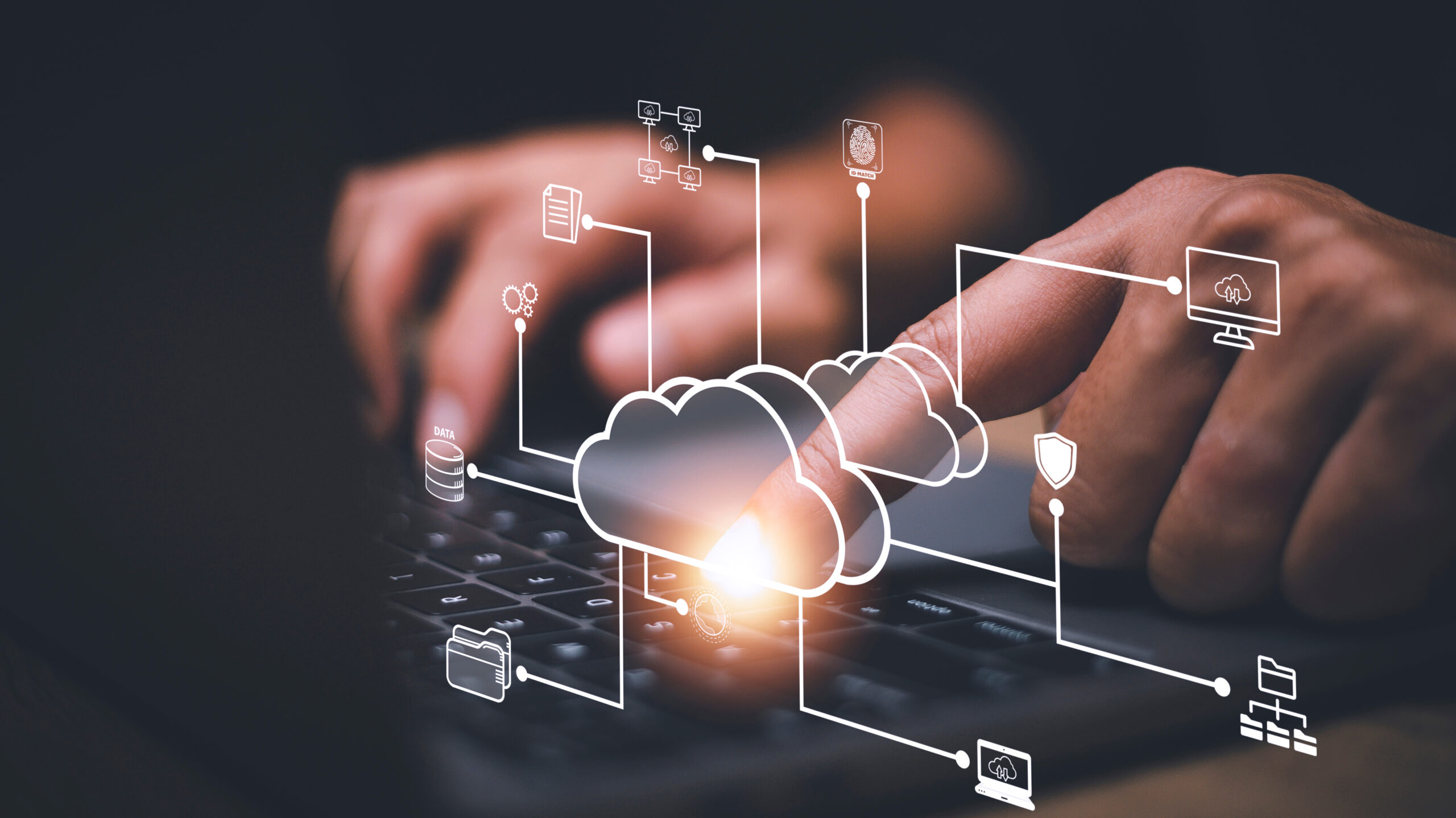 Person interacting with a virtual cloud interface representing serverless computing and cloud services.