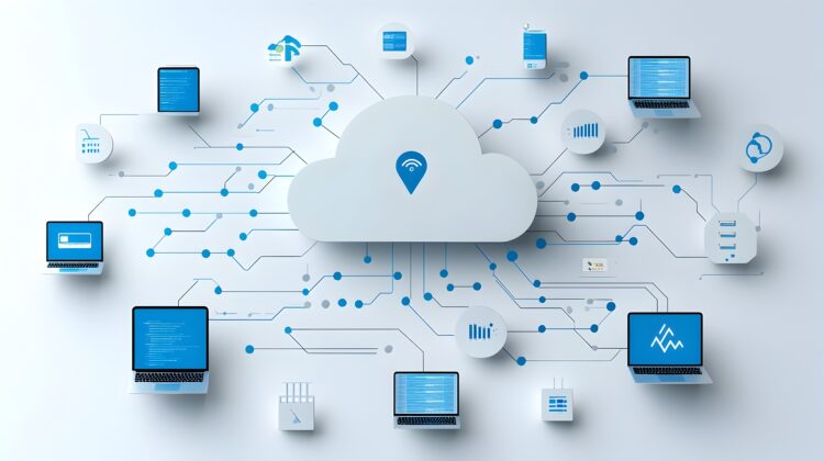 Cloud-based print and peripheral management system connecting laptops and devices in a hybrid work environment.