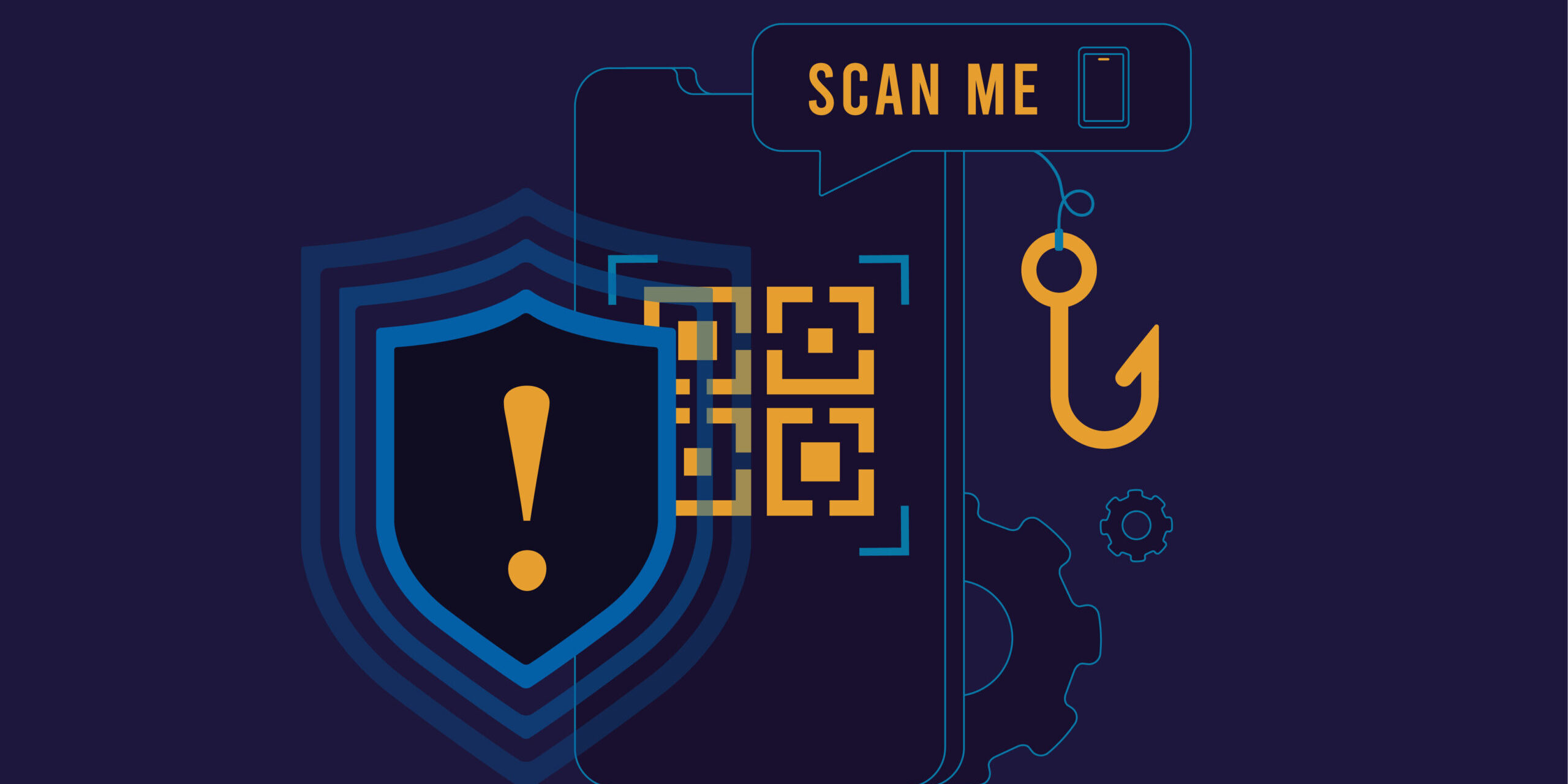 QR Code Phishing (Quishing) Threat Illustration – Cybersecurity Awareness Illustration of a phishing attack using a QR code with a mobile device, security shield, and hook symbolizing social engineering threats.