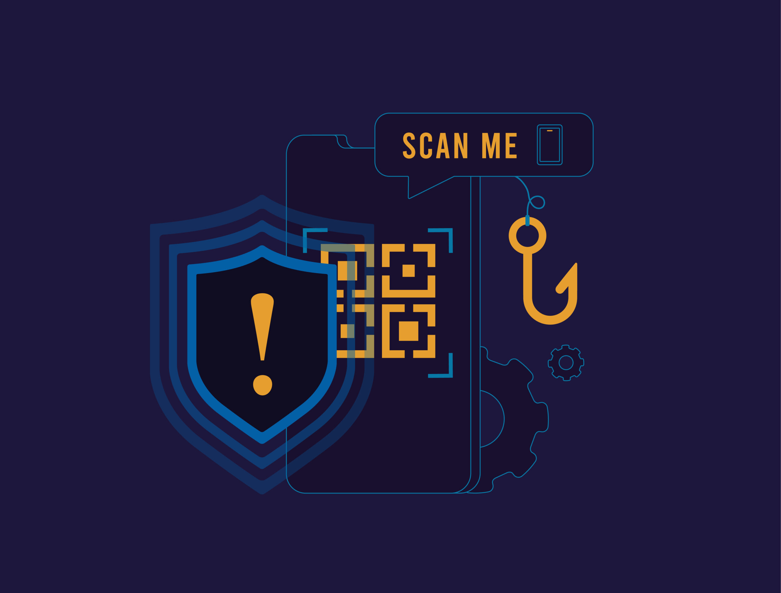 Illustration of a phishing attack using a QR code with a mobile device, security shield, and hook symbolizing social engineering threats.