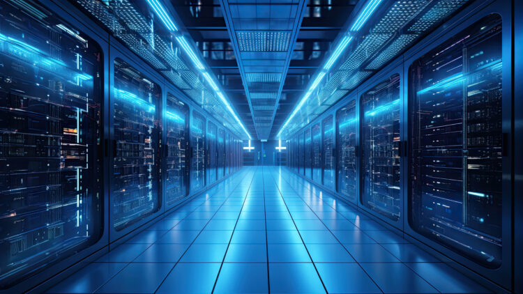 Modern data center hallway with illuminated server racks representing advanced network monitoring and visibility.