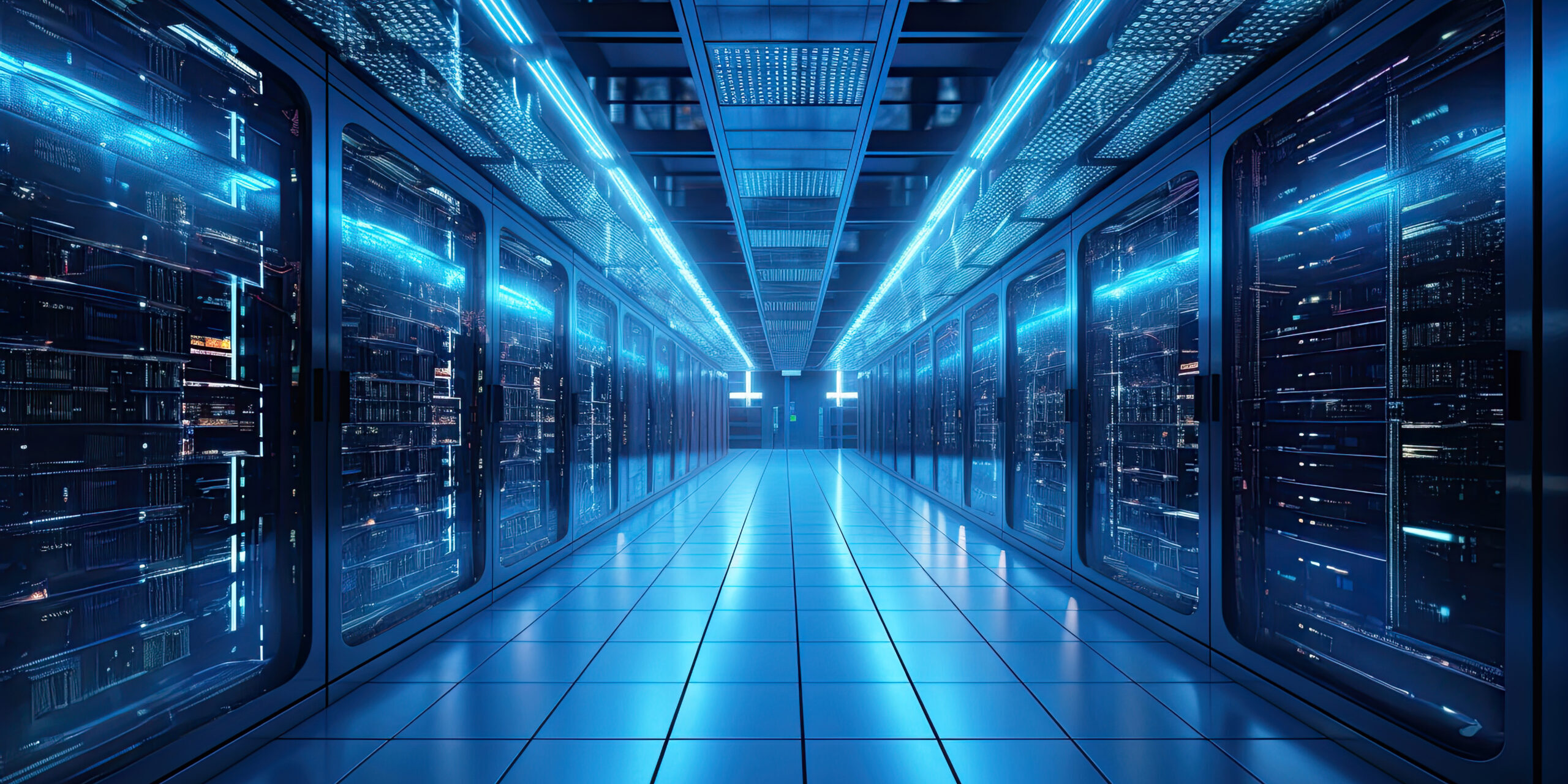 Modern data center hallway with illuminated server racks representing advanced network monitoring and visibility.