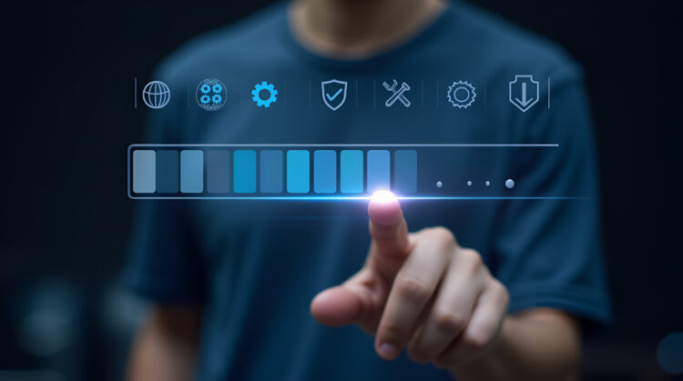 Person interacting with digital interface to initiate a system upgrade, representing modernization from legacy technology.