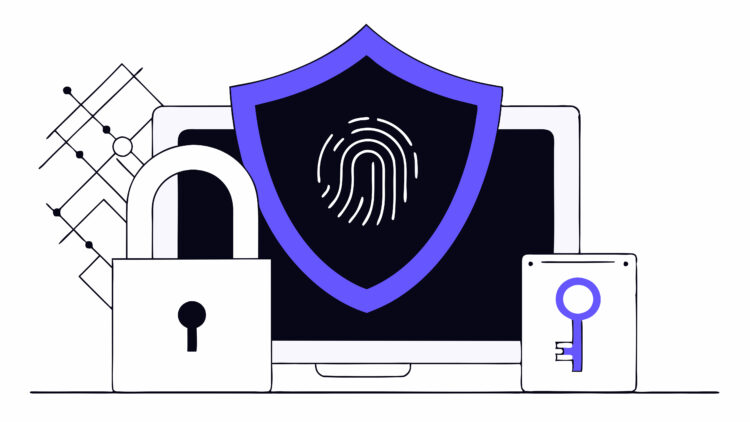 Illustration of Microsoft 365 conditional access security showing a fingerprint shield, lock, and key symbolizing access controls, requiring multifactor authentication, and protecting target resources.