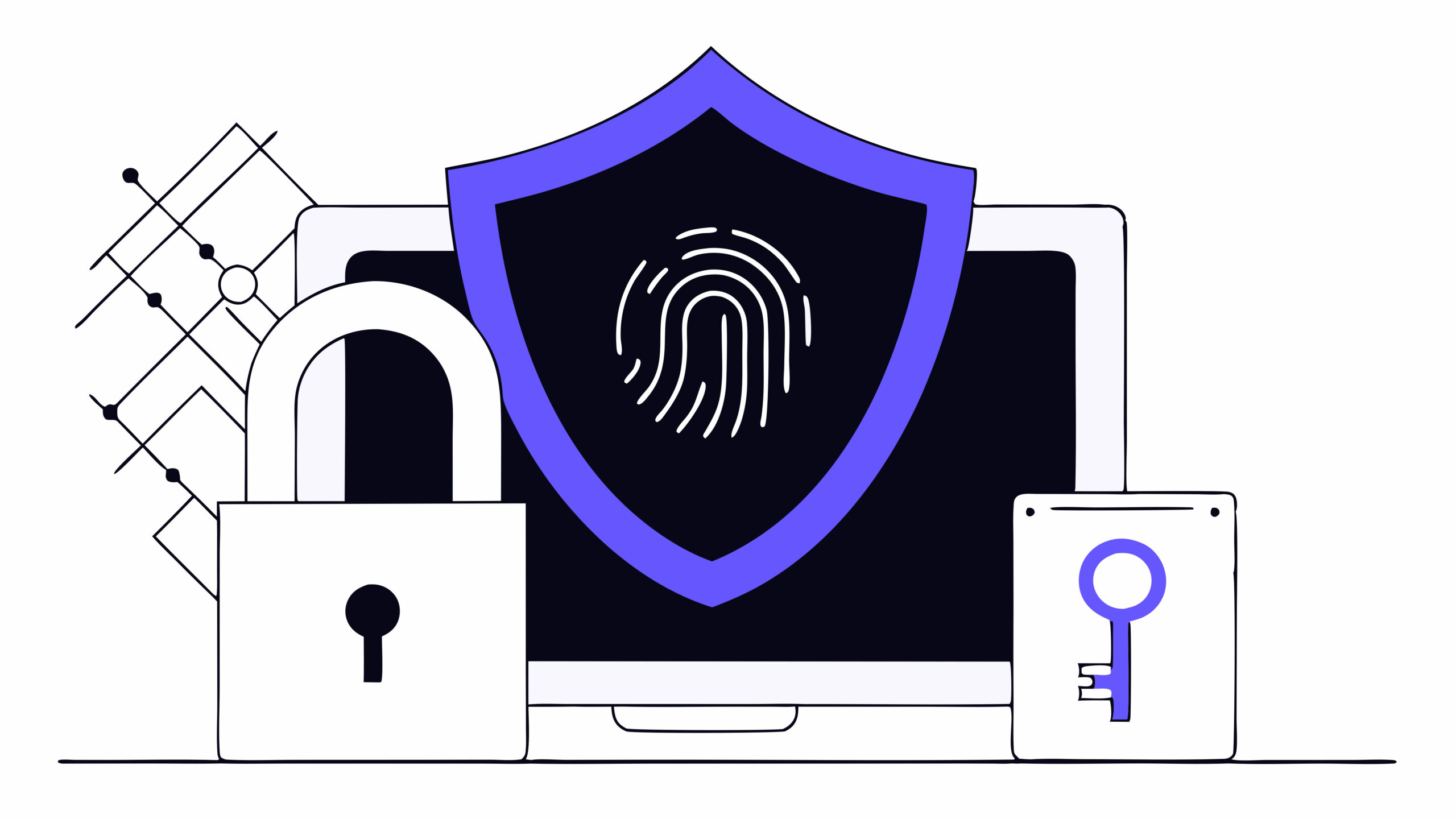 Illustration of Microsoft 365 conditional access security showing a fingerprint shield, lock, and key symbolizing access controls, requiring multifactor authentication, and protecting target resources.