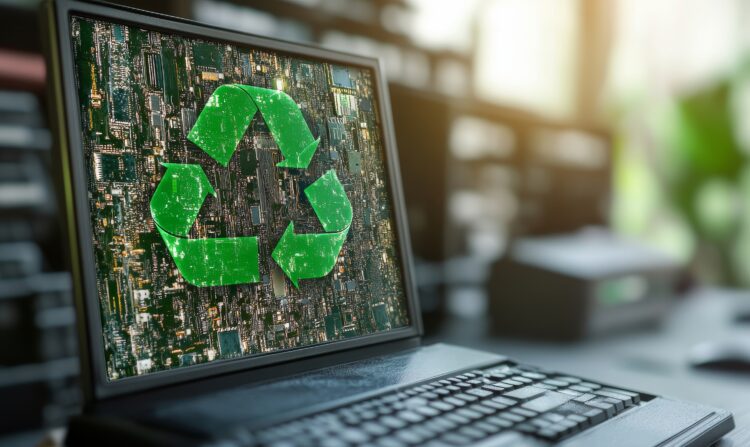 Laptop screen displaying a green recycling symbol over computer circuitry, representing IT asset lifecycle management from procurement to disposal with focus on cost savings, security, and environmental impact.