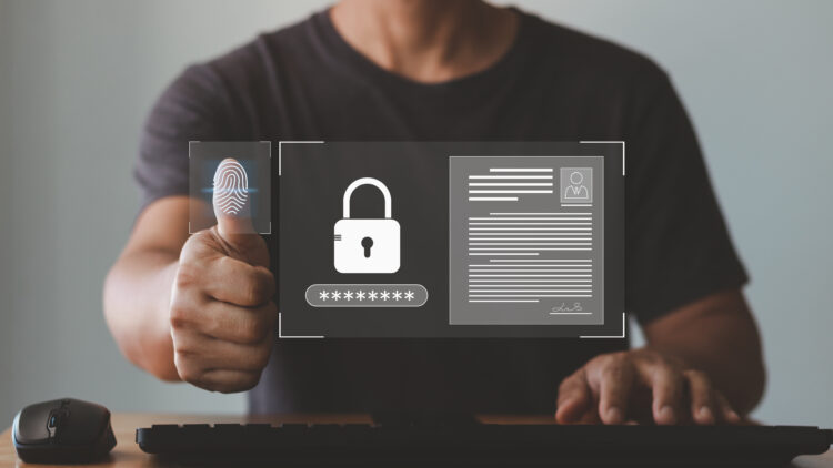 Person using fingerprint authentication with a digital lock and identity document overlay, symbolizing identity and access management security.