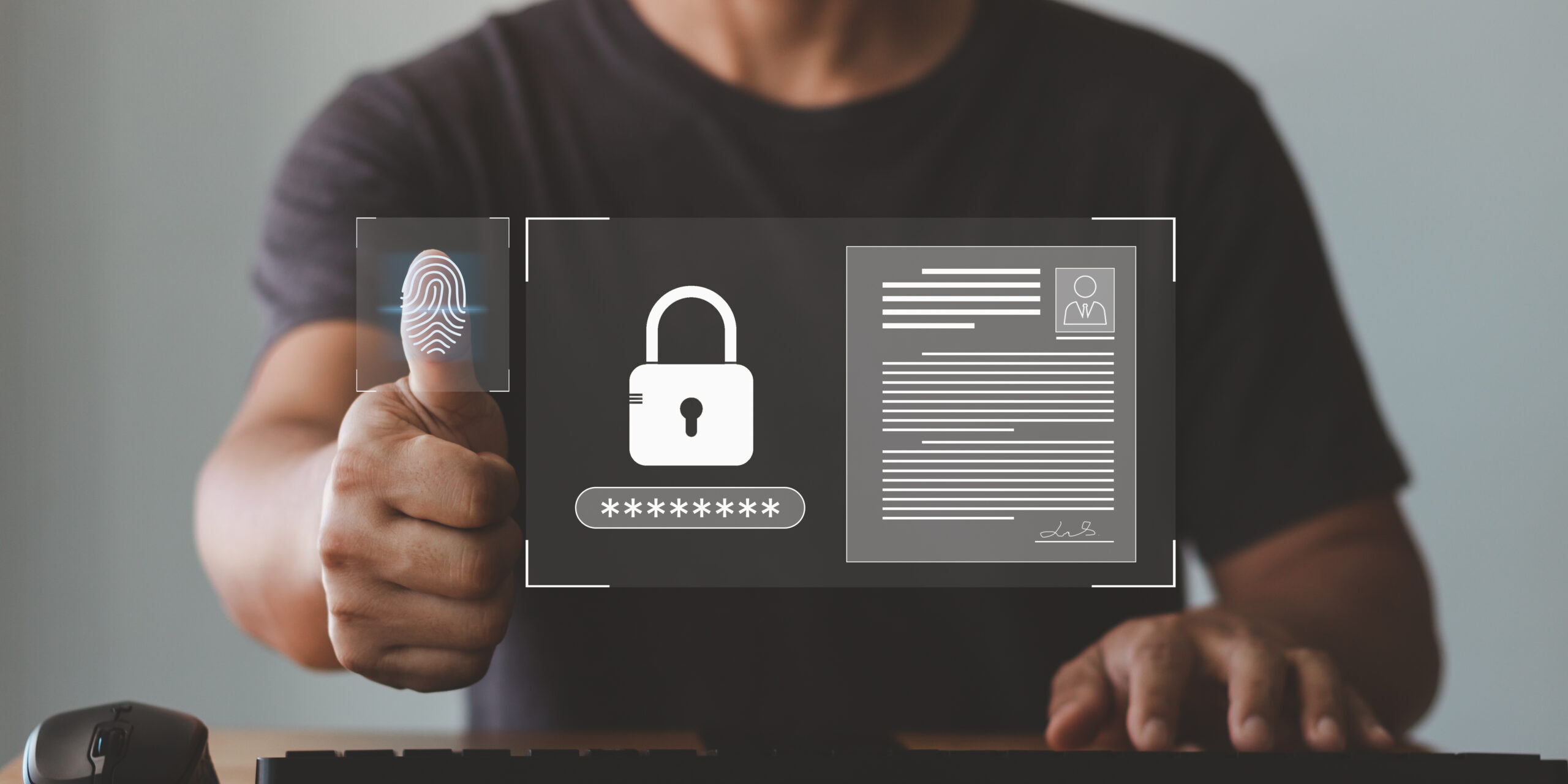Person using fingerprint authentication with a digital lock and identity document overlay, symbolizing identity and access management security.