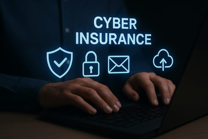 Hands typing on a laptop with glowing cybersecurity icons and the words “Cyber Insurance,” symbolizing digital protection for small businesses.