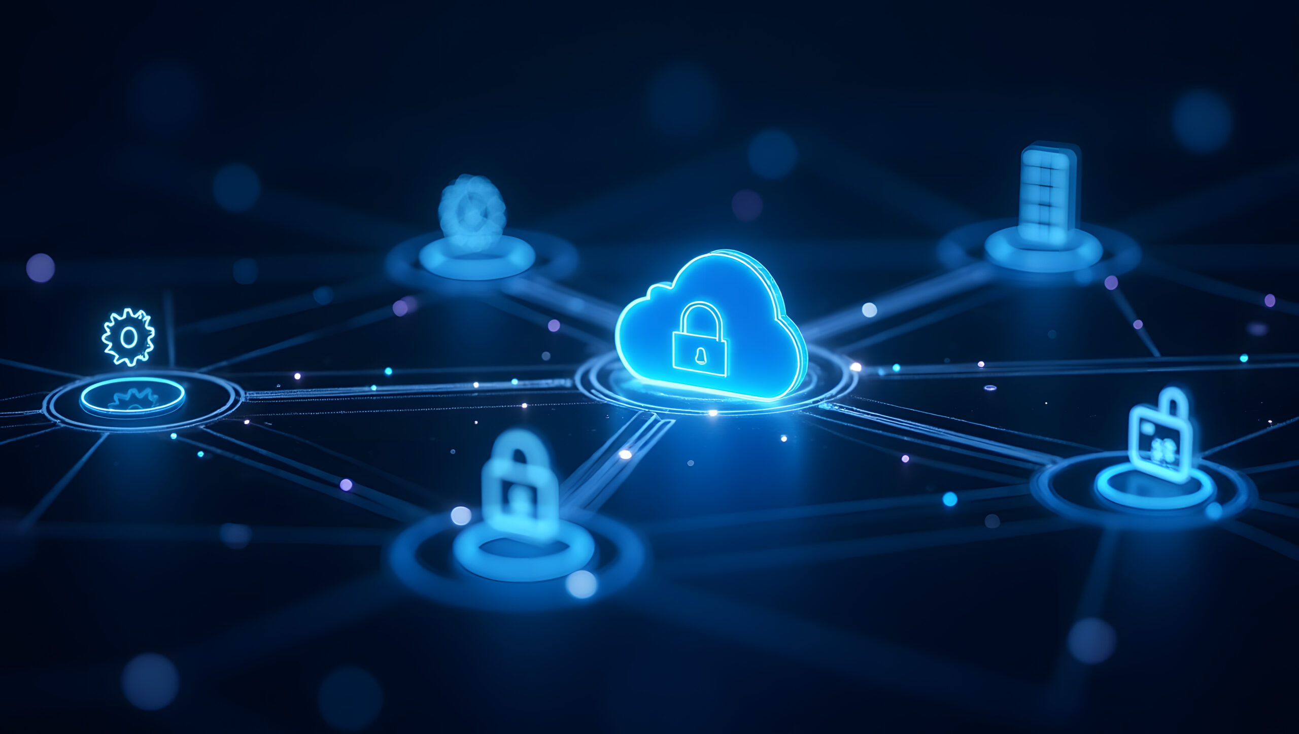 A glowing digital cloud with a padlock icon connected to network security symbols, representing AI-based advanced threat detection in cybersecurity.