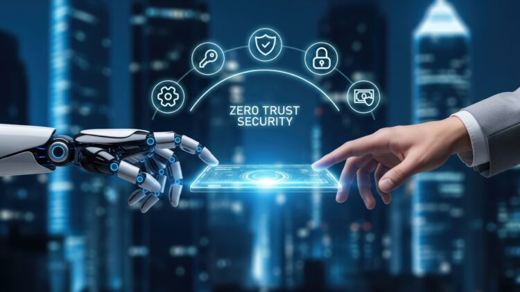 A robotic hand and a human hand reaching toward a digital tablet with icons representing zero trust security, access control, and data protection.
