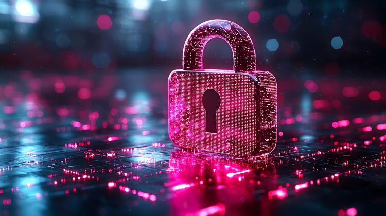 Digital padlock glowing in magenta and blue light, symbolizing data protection and Microsoft 365 security across a cloud network.