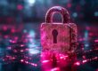 Digital padlock glowing in magenta and blue light, symbolizing data protection and Microsoft 365 security across a cloud network.