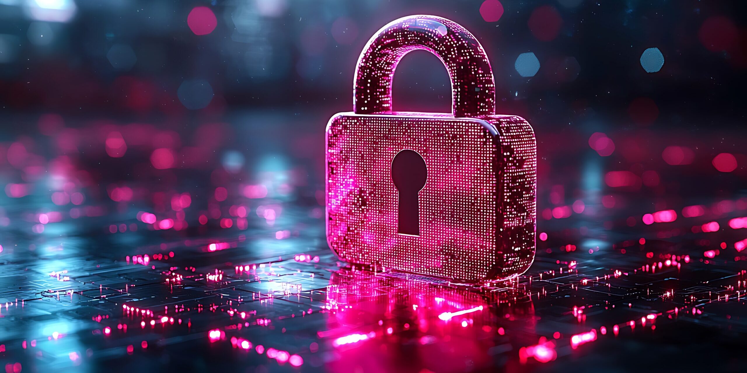 Securing Your Microsoft 365 Tenant — Protecting Data and Strengthening Your Security Posture Digital padlock glowing in magenta and blue light, symbolizing data protection and Microsoft 365 security across a cloud network.