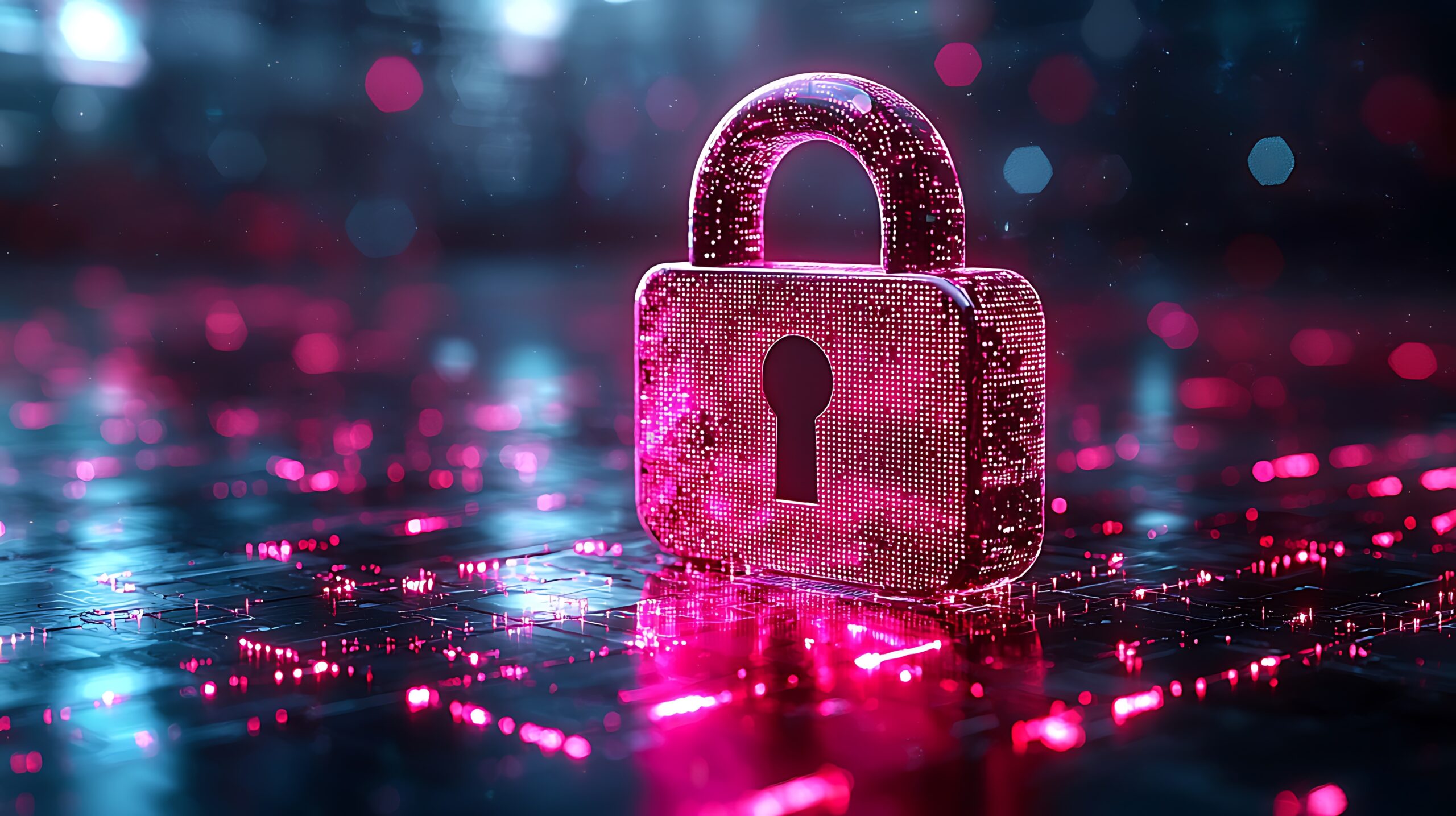 Digital padlock glowing in magenta and blue light, symbolizing data protection and Microsoft 365 security across a cloud network.