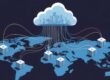 Illustration of global cloud computing infrastructure showing data centers around the world connected to a central cloud service.