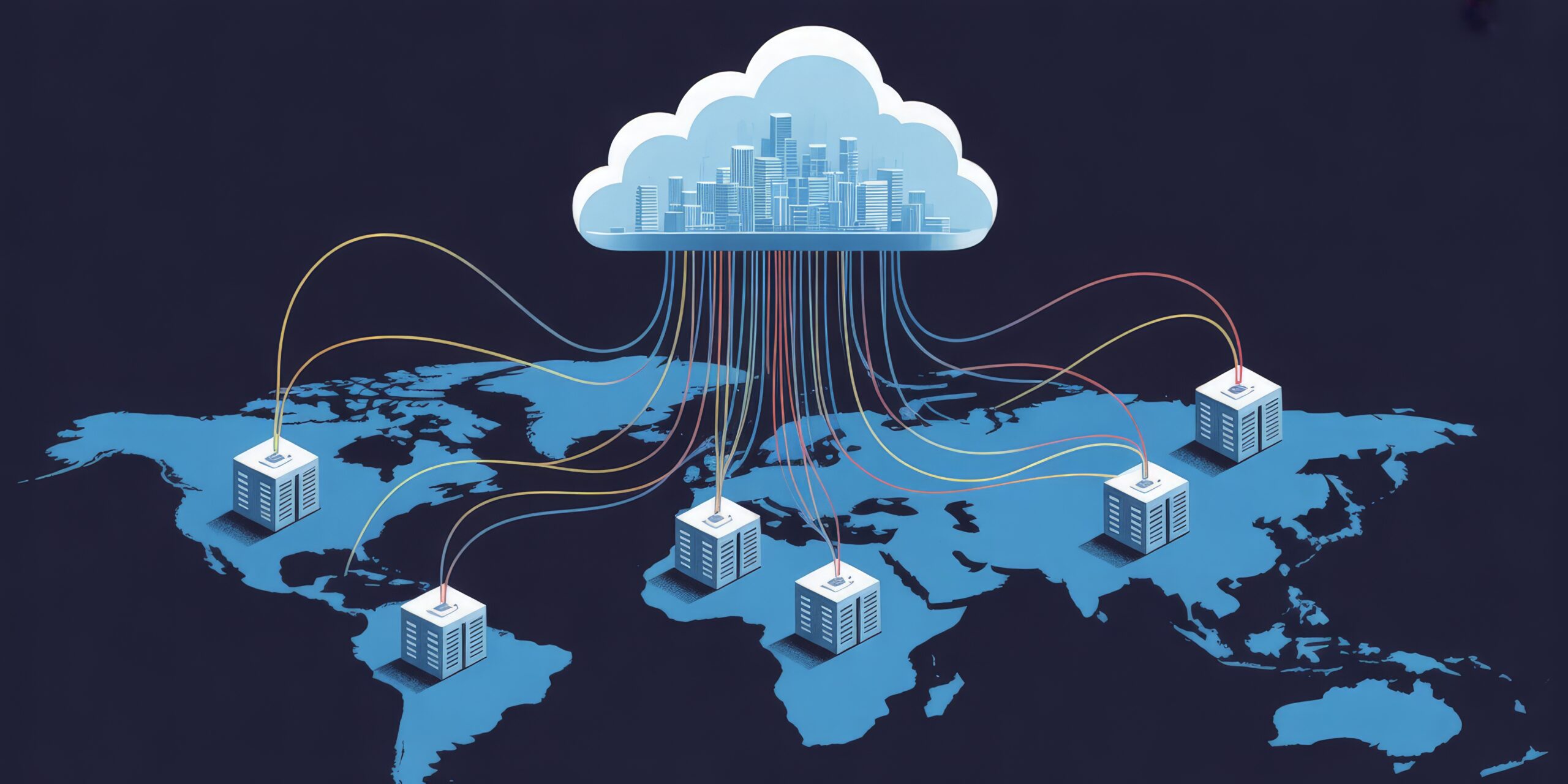 Illustration of global cloud computing infrastructure showing data centers around the world connected to a central cloud service.