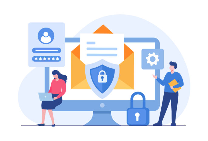 Illustration of two professionals securing digital data with encryption icons, representing cloud storage security and compliance with data sovereignty laws.