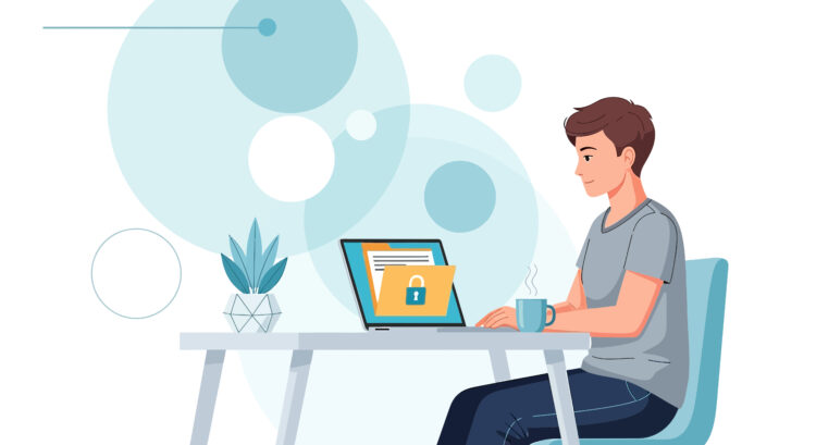 Person securely accessing company files remotely on a laptop using a VPN and authentication tools.