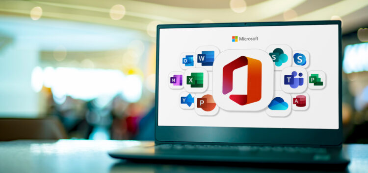 Laptop displaying the Microsoft 365 app suite, including Teams, Excel, Word, Outlook, SharePoint, and OneDrive, representing business migration from Google Workspace to Microsoft 365.
