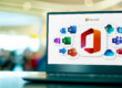Laptop displaying the Microsoft 365 app suite, including Teams, Excel, Word, Outlook, SharePoint, and OneDrive, representing business migration from Google Workspace to Microsoft 365.