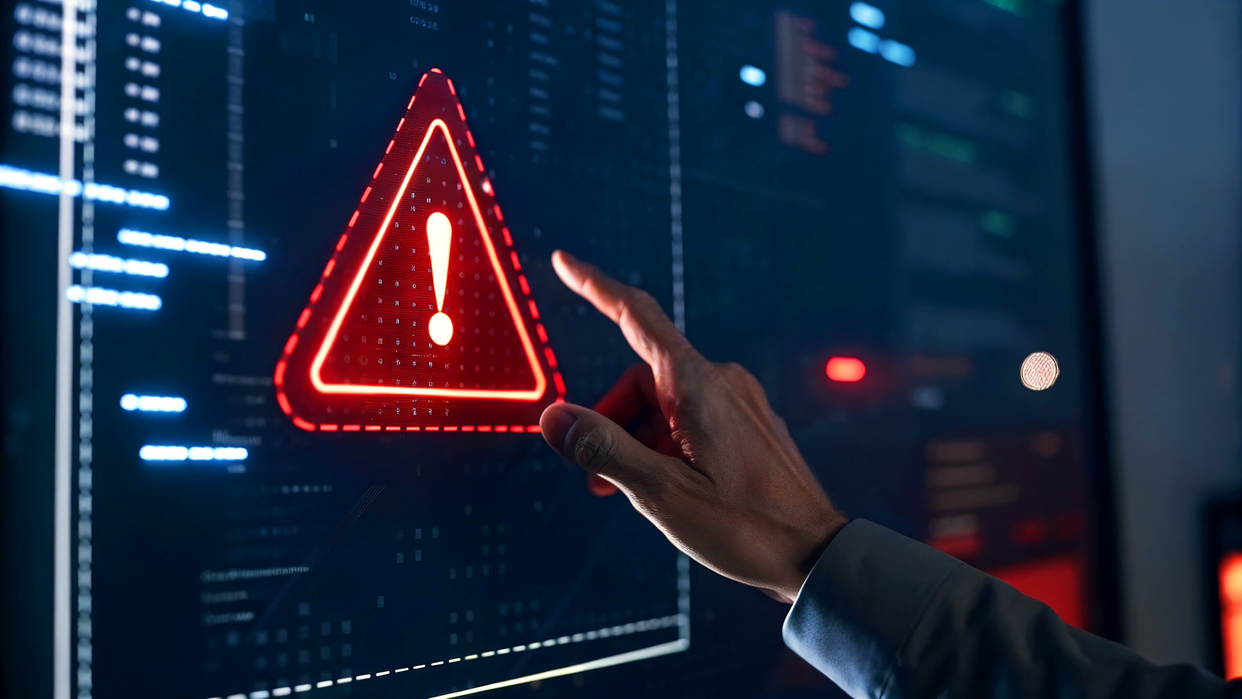 Warning alert displayed on a digital security dashboard highlighting a cyber threat that could indicate an undetected breach.