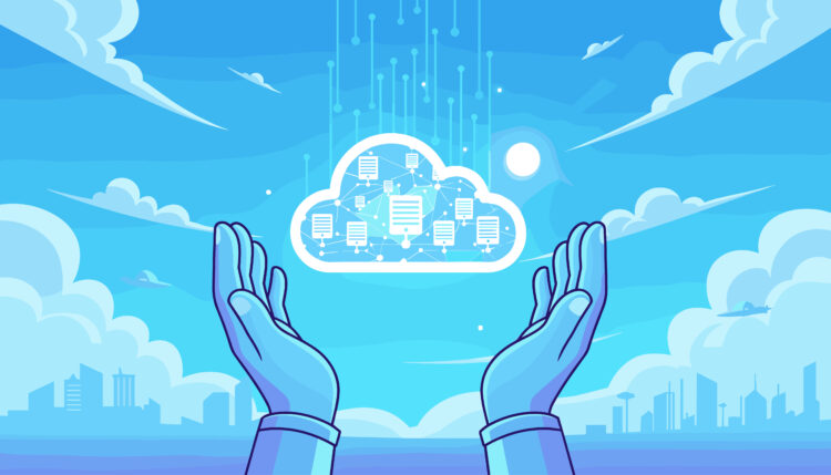 Illustration of hands supporting a digital cloud with connected data icons, symbolizing backup internet solutions and failover systems for uninterrupted business operations.