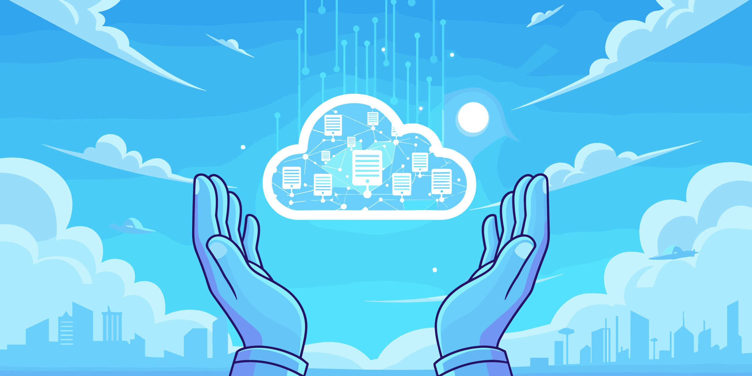 Illustration of hands supporting a digital cloud with connected data icons, symbolizing backup internet solutions and failover systems for uninterrupted business operations.