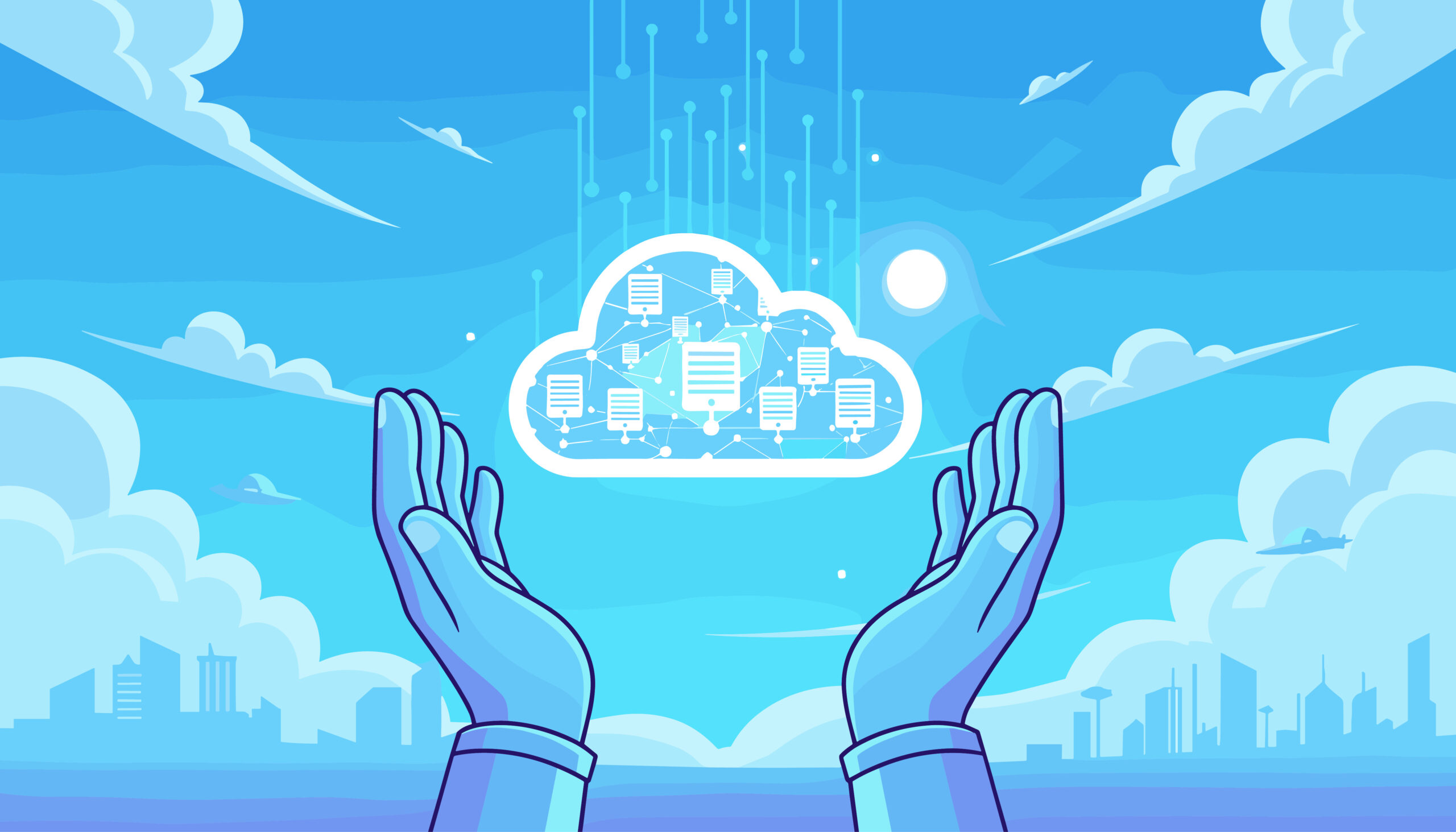 Illustration of hands supporting a digital cloud with connected data icons, symbolizing backup internet solutions and failover systems for uninterrupted business operations.