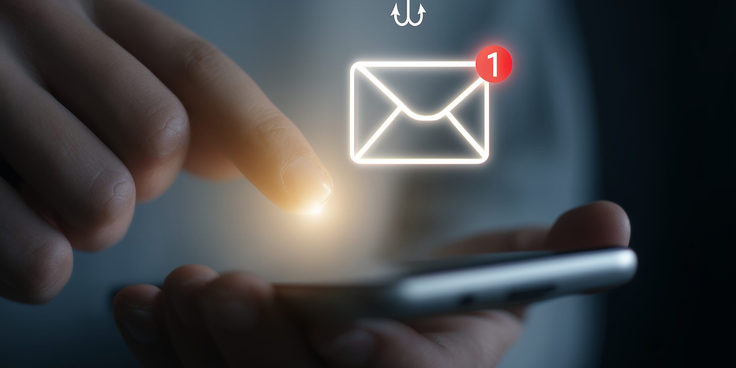 A person using a smartphone as a digital envelope icon with a phishing hook appears above it, representing the risk of falling for phishing emails.