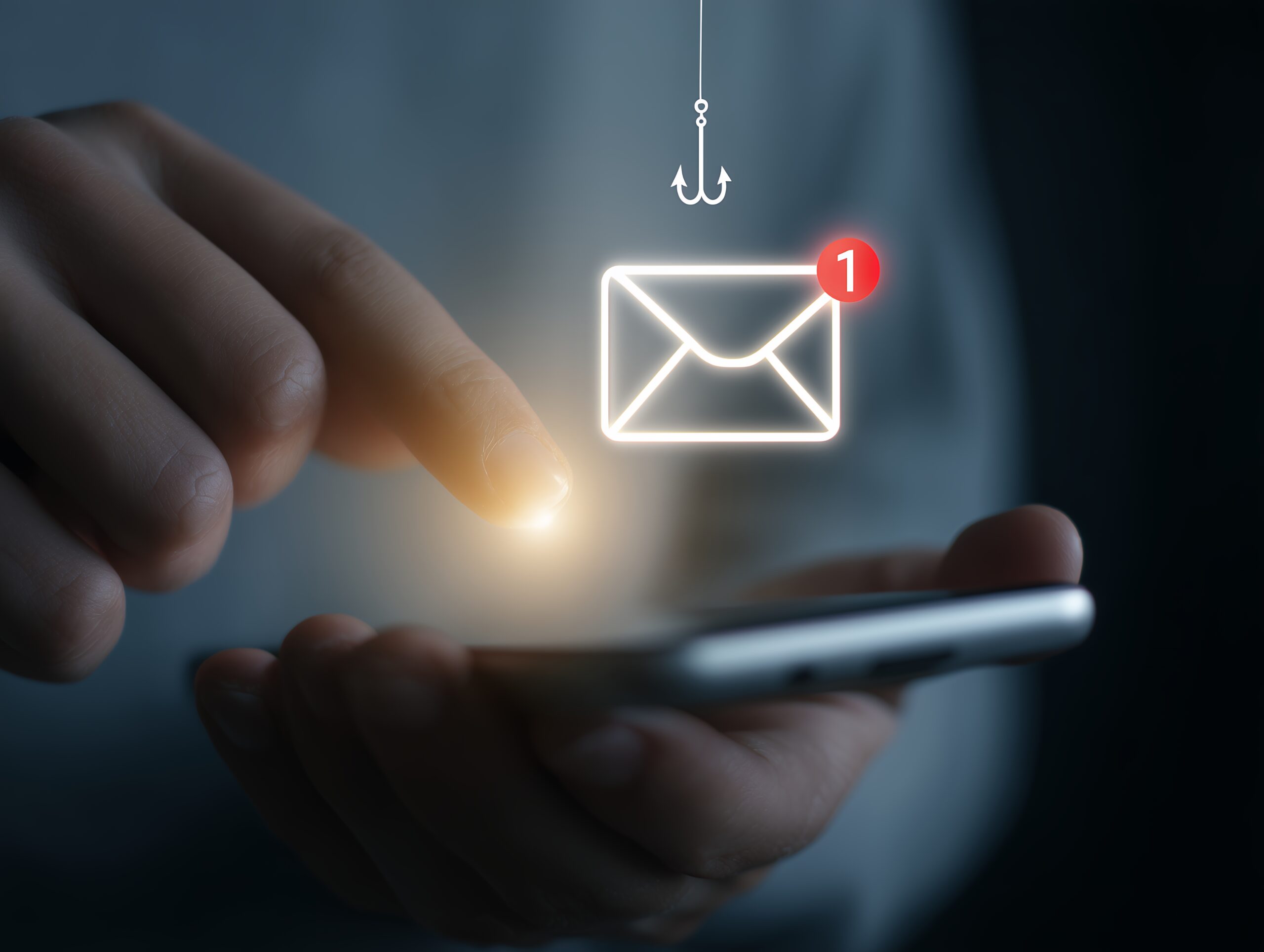 A person using a smartphone as a digital envelope icon with a phishing hook appears above it, representing the risk of falling for phishing emails.
