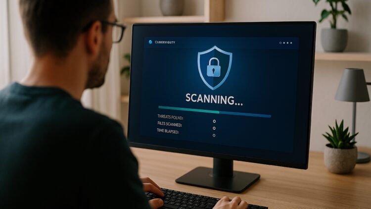 A small business employee watching antivirus software perform a real time security scan, highlighting the limitations of traditional antivirus against modern cyber threats.
